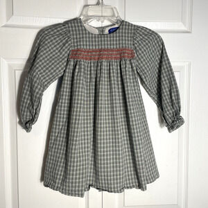 Maison Me Dress Girl 6Y Green Beige Plaid Homespun Cotton Smocked Cottagecore